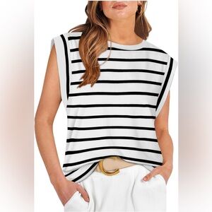 Striped Black and WhiteCap Sleeve Women's Top